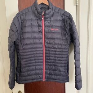 Down Cotopaxi coat. No hood- lightly worn. Slate blue with red trim.